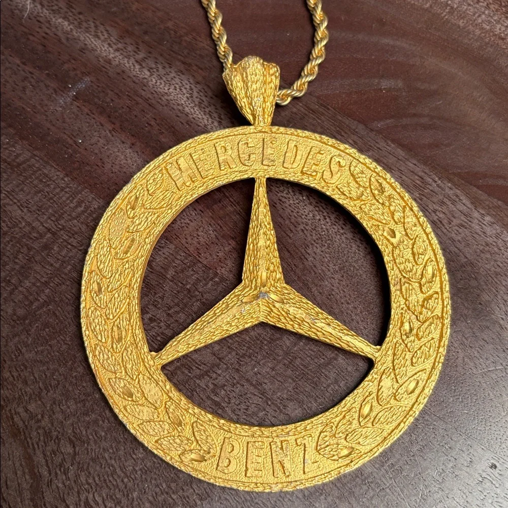 Gold Metal Mercedes Benz Logo Pendant Medallion and Chain Necklace